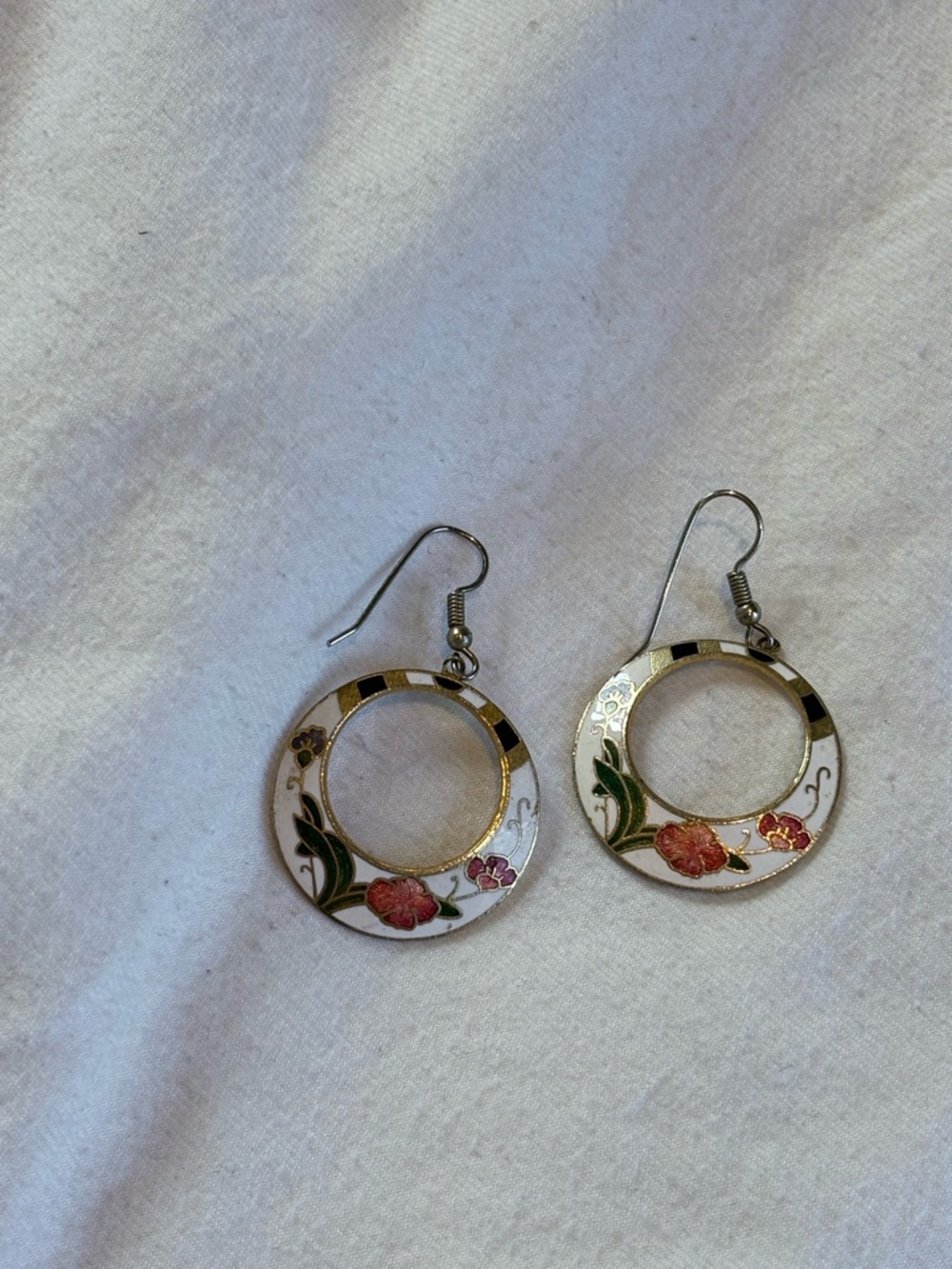 Floral Cloisonné Open Circle Dangle Earrings